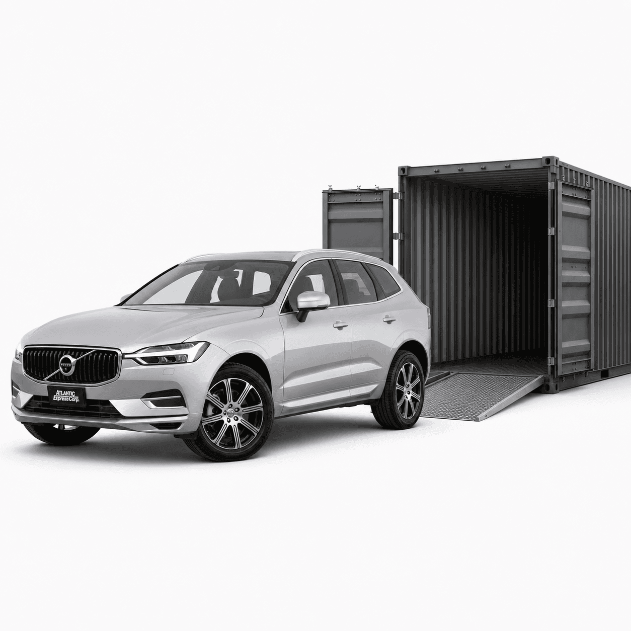 Кросовер Volvo XC60 перед відкритим морським контейнером з апареллю